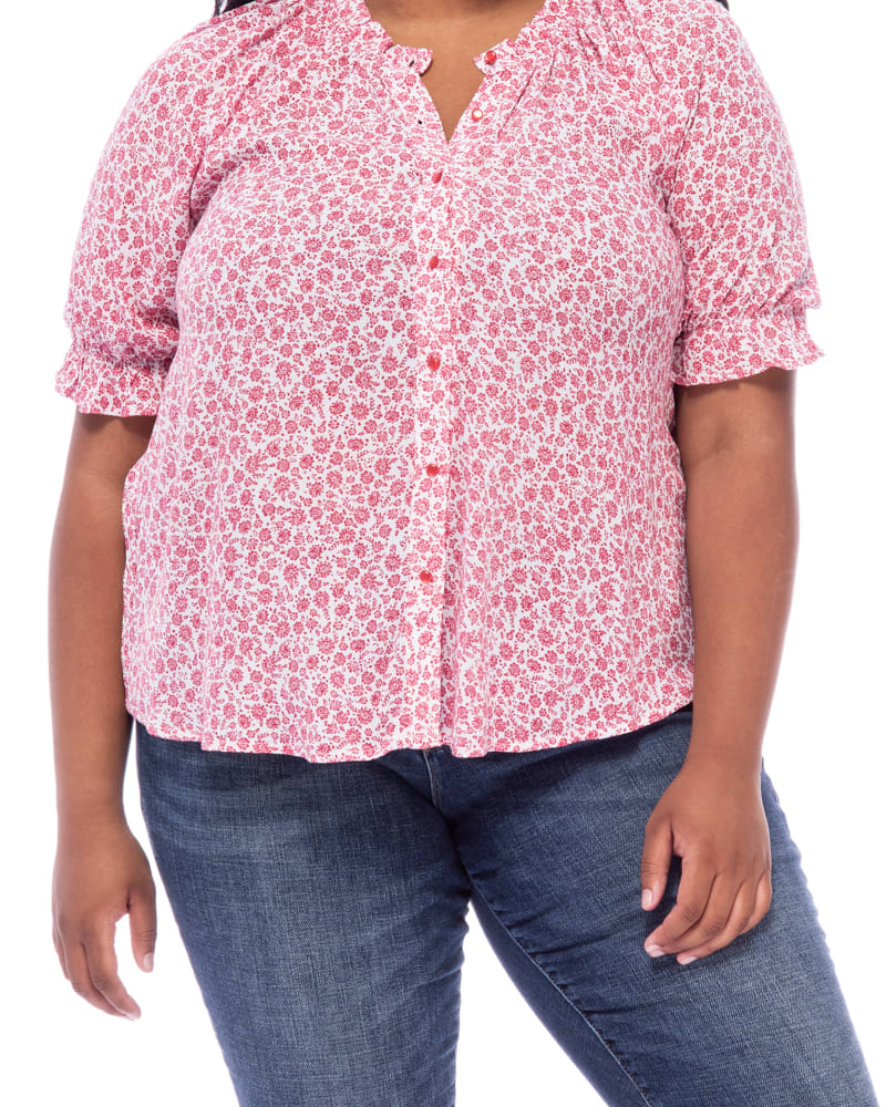 Plus size model wearing Leah Button Down Ruffle Blouse by B Collection By Bobeau | Dia&Co | dia_product_style_image_id:202498